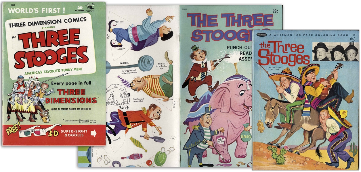Three Stooges Lot of 3 Books: Coloring Book, 3-D Comic Book From 1953 and Punch-Out Figure Book -- Very Good to Near Fine Condition